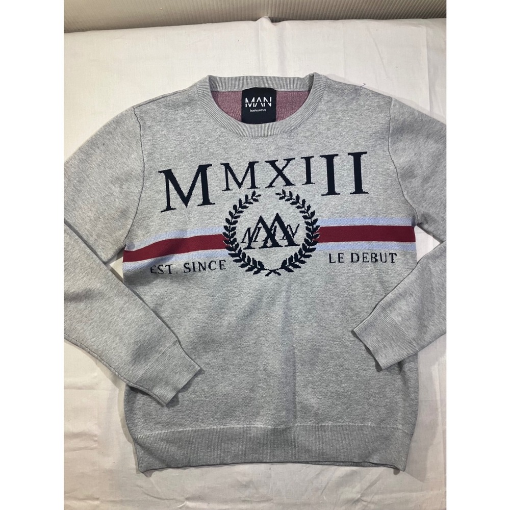 boohooMAN‎ Mens Gray Roman Numeral Graphic Crewneck Knit Sweater Size M MMIIII